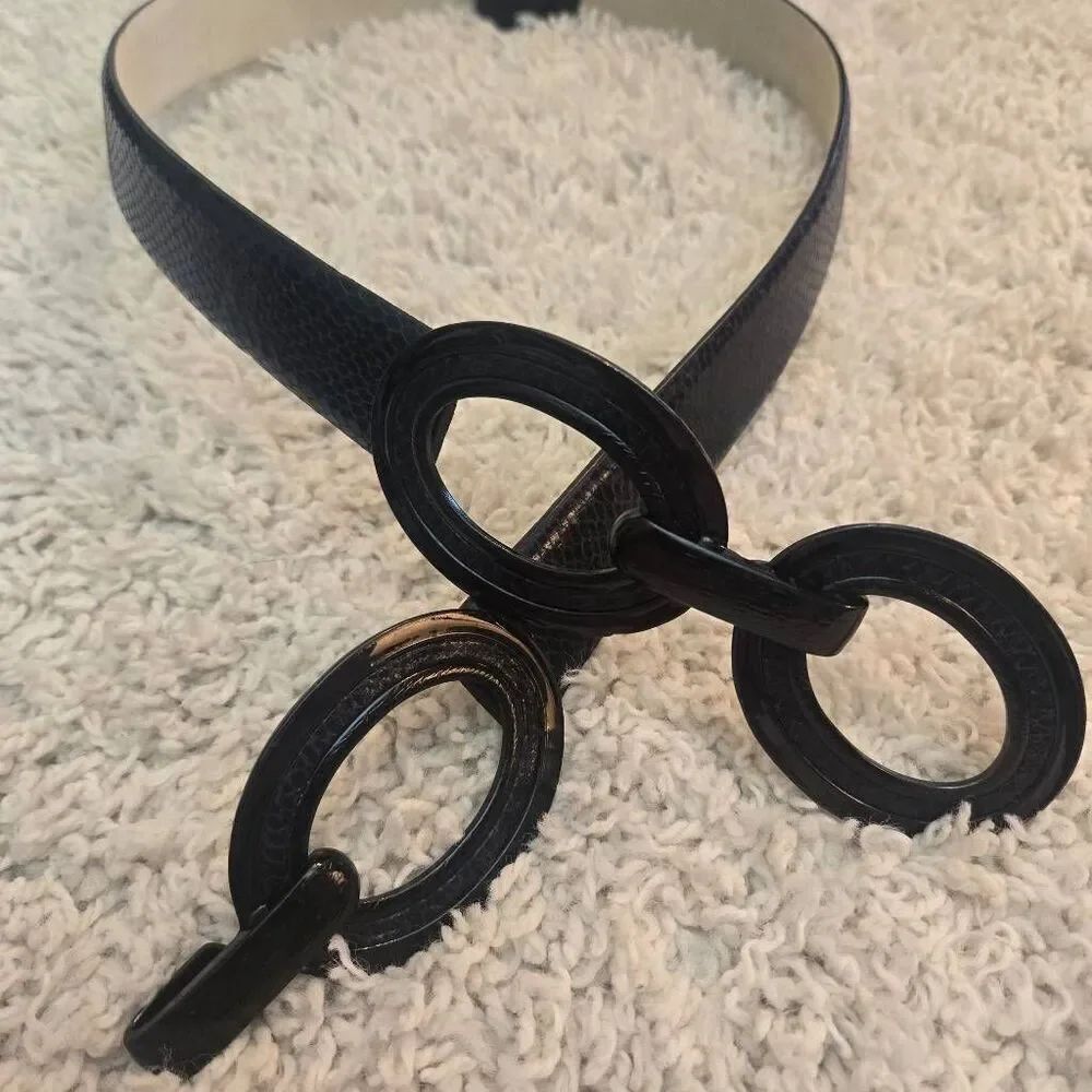 Chico's Faux Navy Snakeskin Belt Slide Adjust Leather Backing S/M
